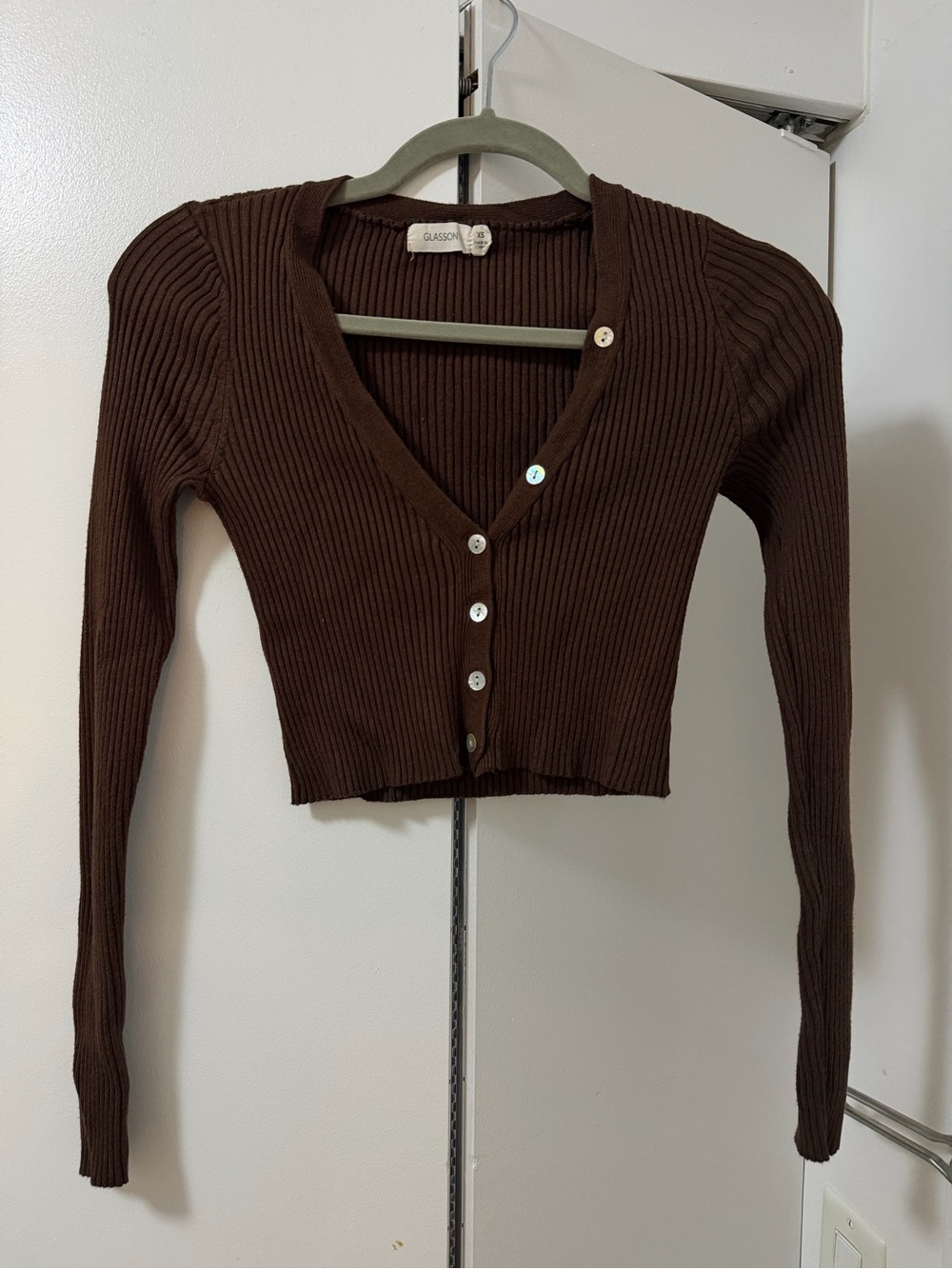 Glassons Ribbed Cropped Cardigan in Chocolate Brown (XS)